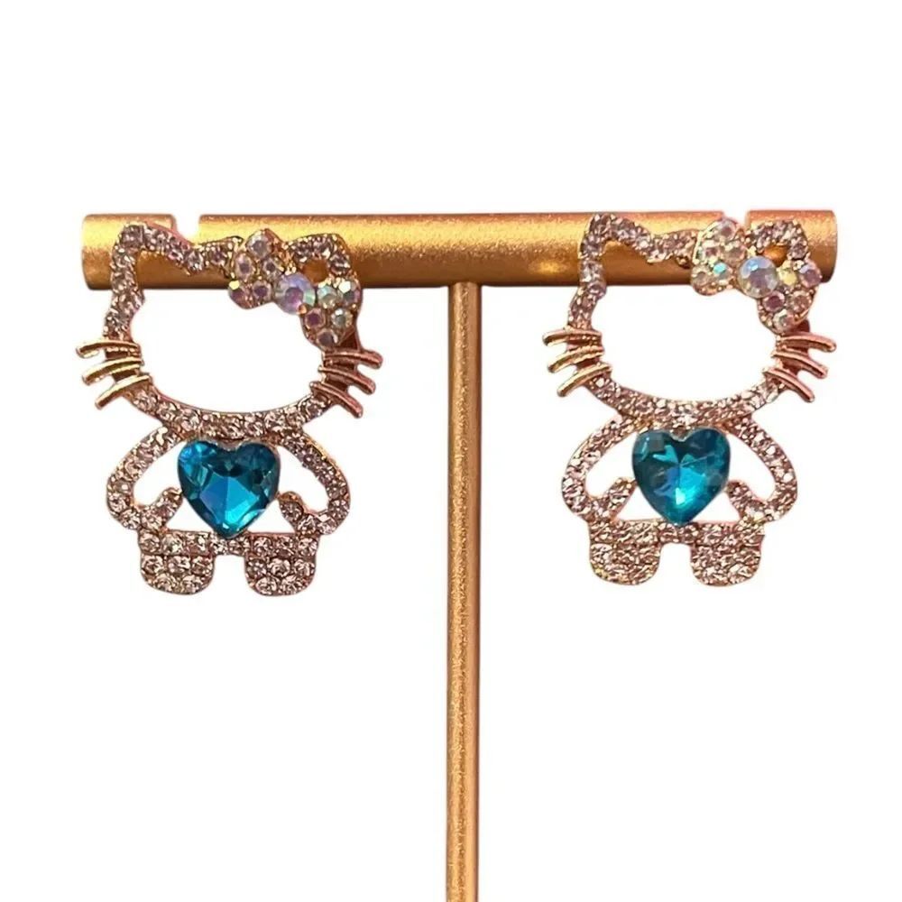 Iridescent And Blue Crystal Hello Kitty Earrings